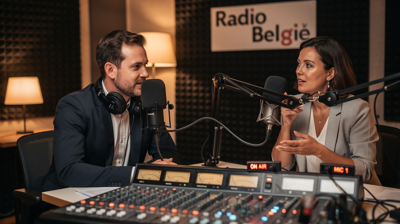 Radio presenter recording an interview in a professional studio with microphones