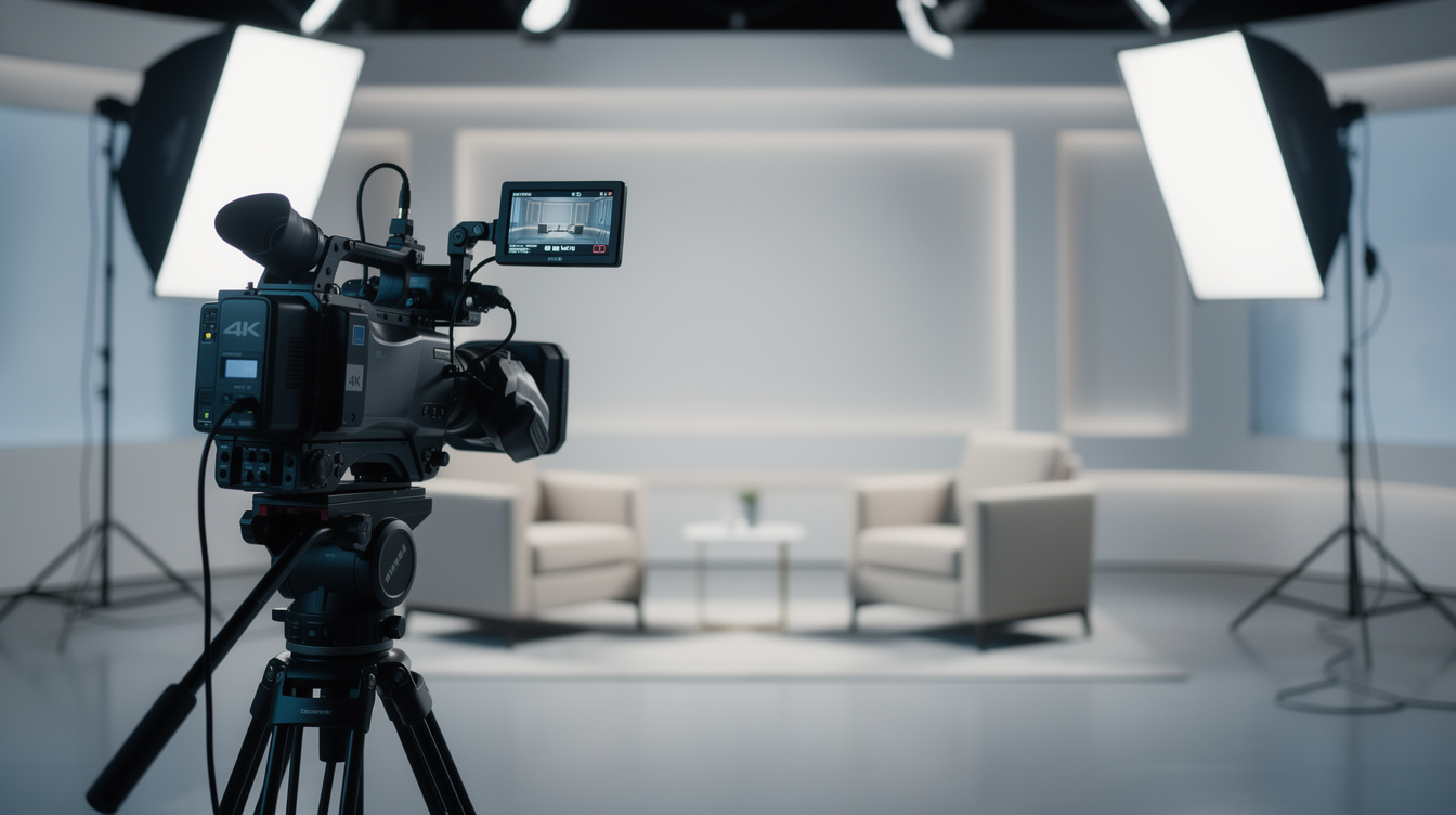 Television interview set with camera and studio lighting