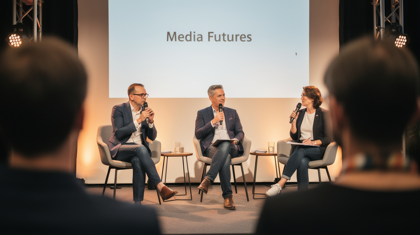 Panel discussion with media professionals in front of an audience